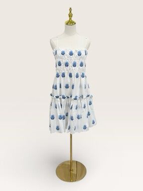 A Loves A Extra Large White Blue Floral Embroidered Smocked Minidress Cotton NWT